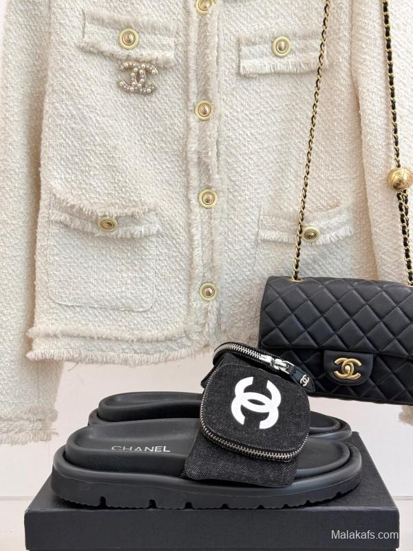 2025 CHANEL Black Fabric Slippers KFY00220