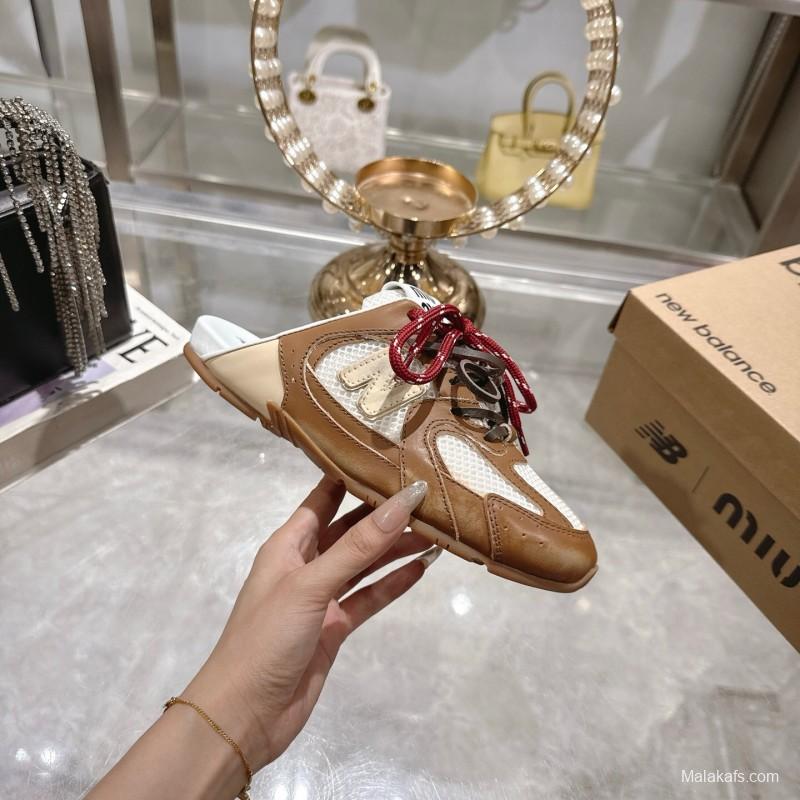 2025 Women Miumiu Brown White Leather Mesh Sneakers