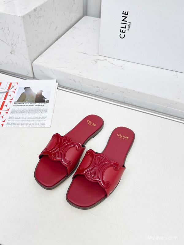 2025 Women CELINE Red Leather Slippers