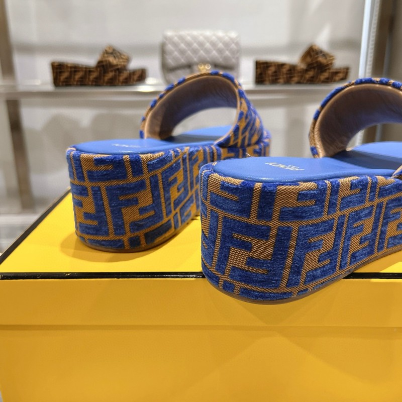 2025 Fendi Blue Brown Canvas Slippers