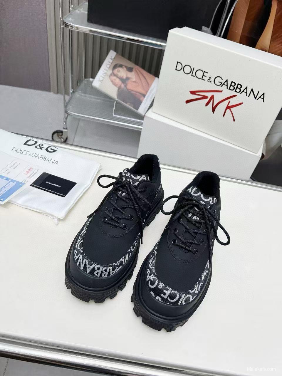 2024 Unisex Dolce & Gabbana Black Fabric Leather Chunky Sneakers