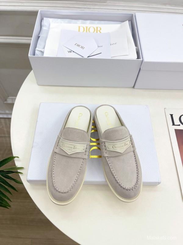 2025 Women Dior Beige Suede Mule Loafers Vintage Style Handmade LY00360(F)