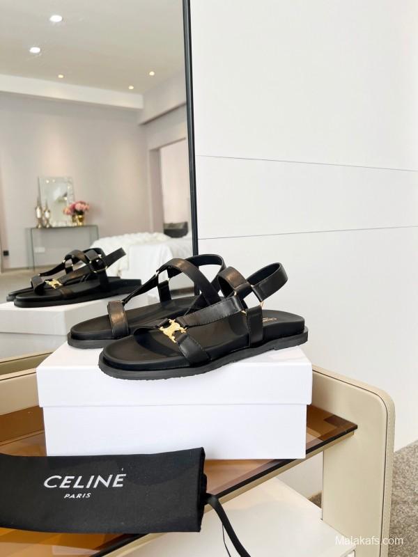 2025 Women Celine Black Leather Sandals LY00220