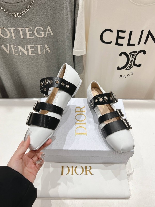 2025 Women Dior White Black Leather Mary Jane Buckle KFY00300