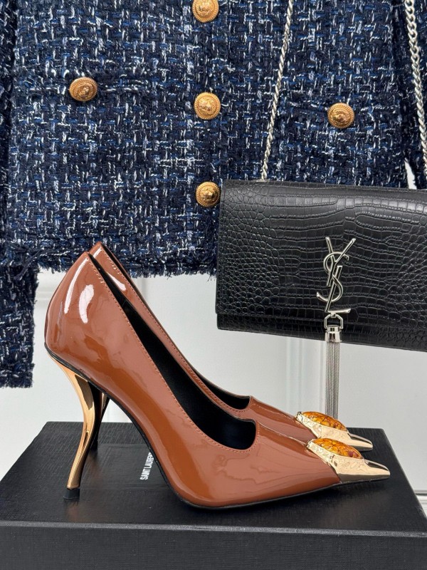 2024 Women Yves Saint Laurent Brown Patent Leather High Heels Metal Tip MJ00330