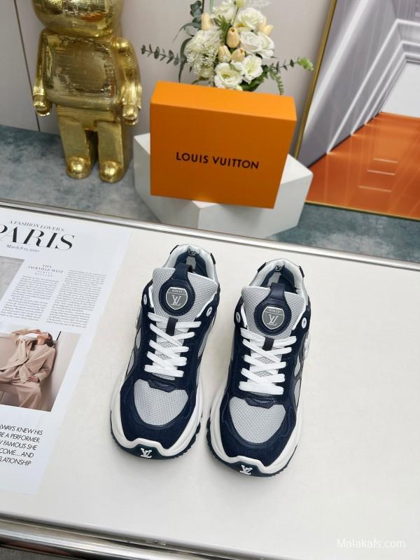 2025 Unisex Louis Vuitton Black White Blue Leather Tech Fabric Sneakers Monogram LY00340