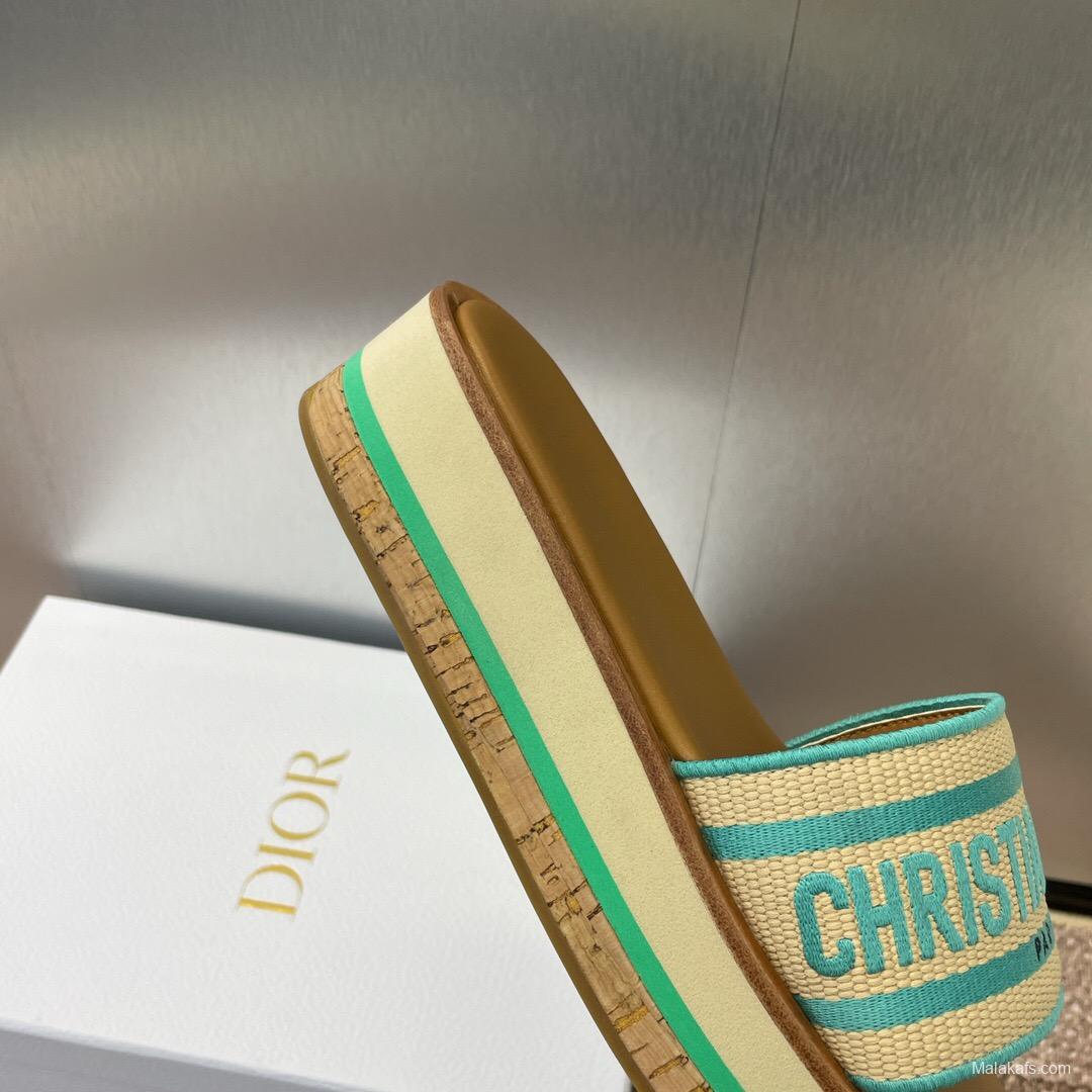 2025 Women Dior Blue Beige Fabric Leather Platform Slide Sandals