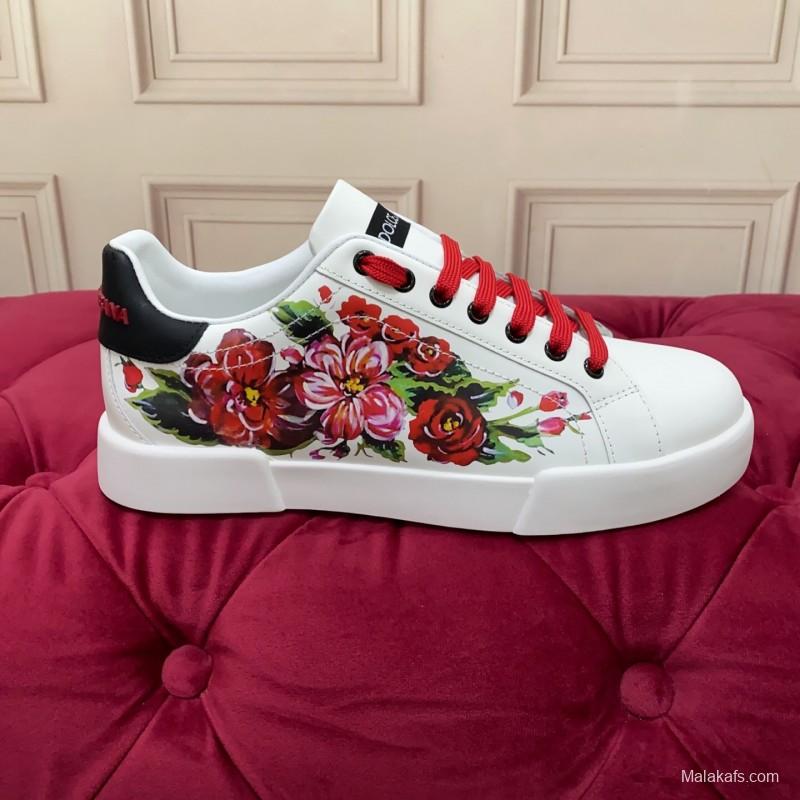2025 Women Dolce & Gabbana White Red Leather Sneakers Floral LY00300