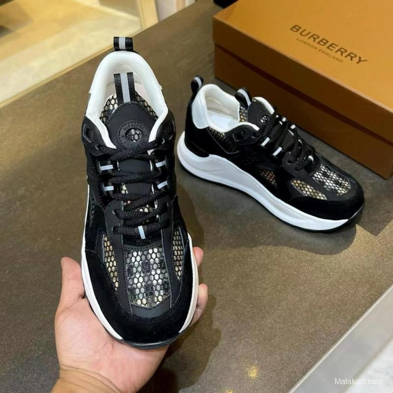 2025 Unisex Burberry Black White Suede Leather Cotton Sneakers Vintage MJ00380