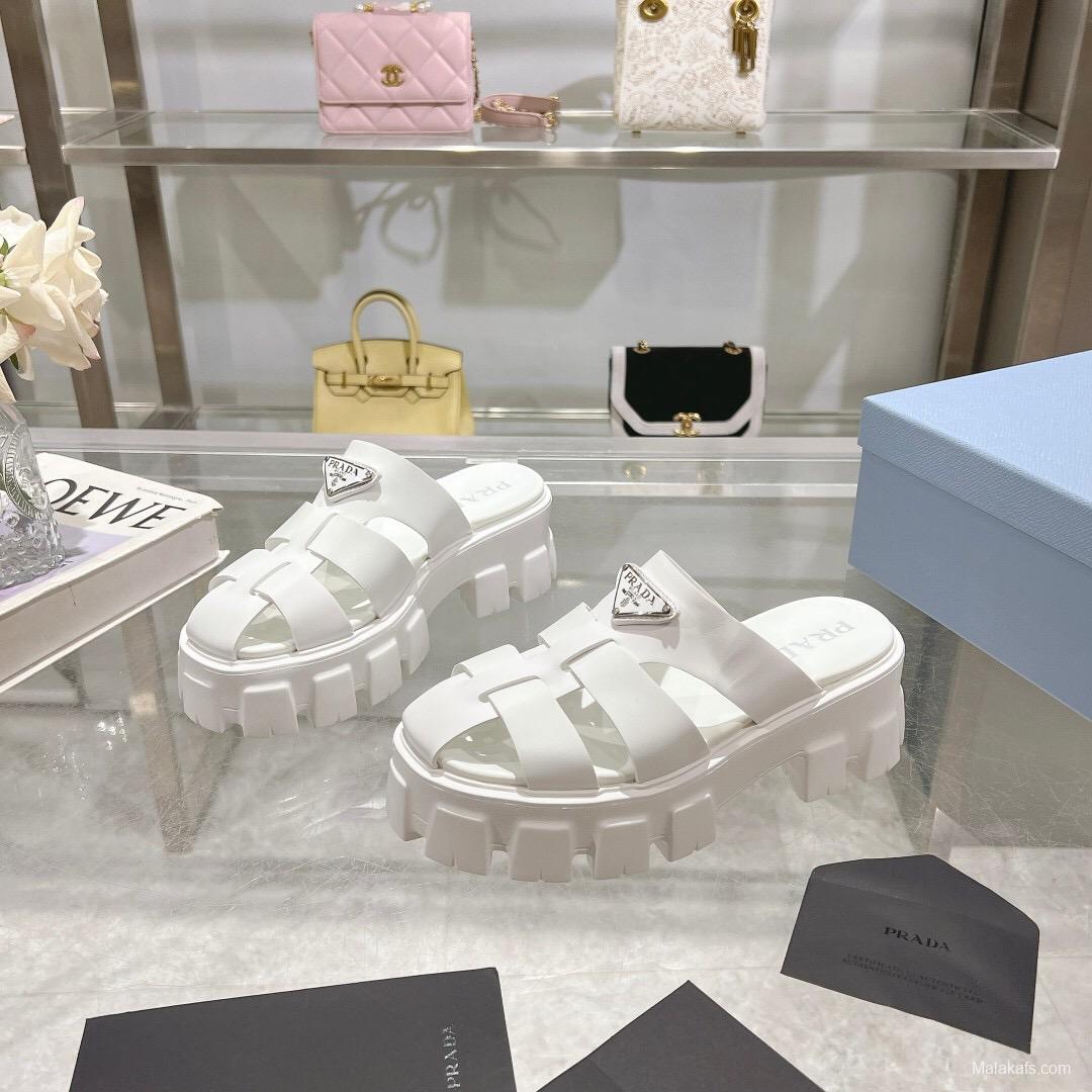 2025 Women Prada White Leather Slippers LY00250