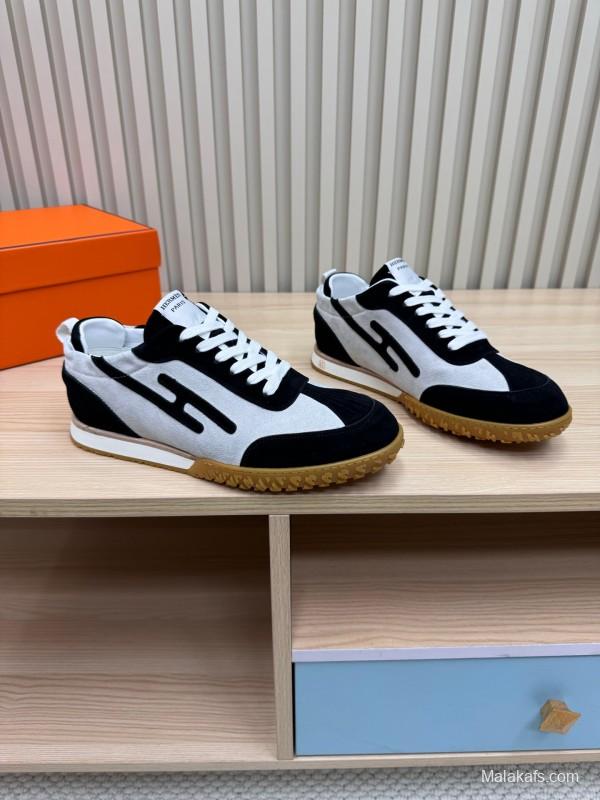 2025 Unisex Hermès Black White Suede Goat Leather Sneakers Top Version LY00310