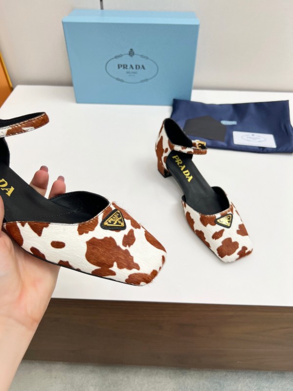 2025 Women Prada Brown White Calf Hair Strap Heels LY00270