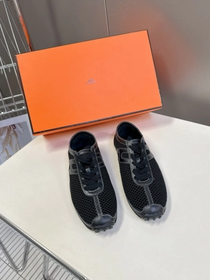2025 Women Hermès Black Mesh Leather Trainers KFY00250