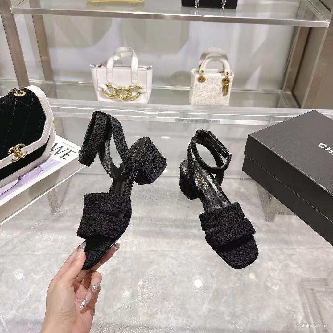 2025 Women Chanel Black Tweed Sandals LY00280