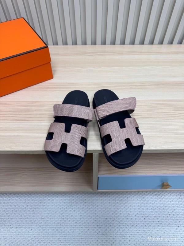 2025 Women Hermès Beige Black Leather Slippers
