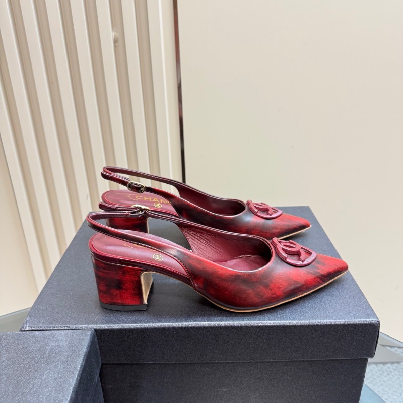 2025 Women Chanel Burgundy Leather Slingback Heels KFY00290
