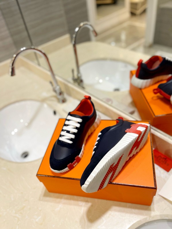 2024 Unisex Hermès Navy Red White Imported Glazed Calf Suede Rain Velvet Sneakers MJ00320