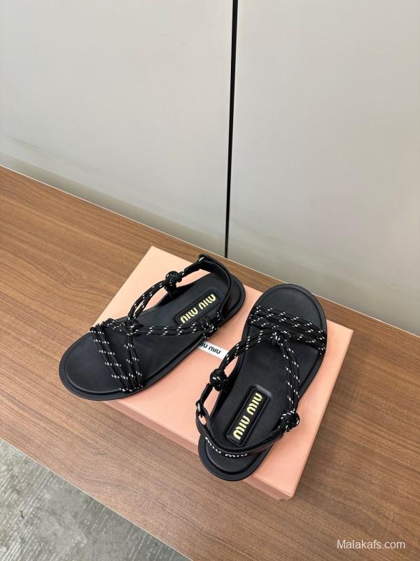 2025 Women Miu Miu Black Leather Rope Sandals