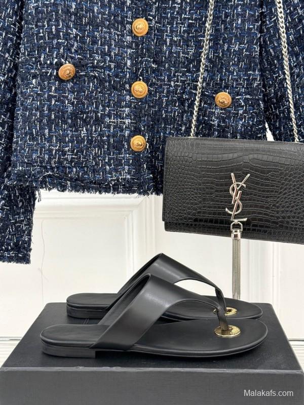 2025 Slippers Yves Saint Laurent Black Leather Slippers KFY00270