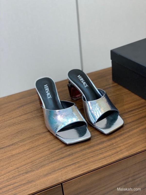 2025 Women VERSACE Silver Leather Slippers