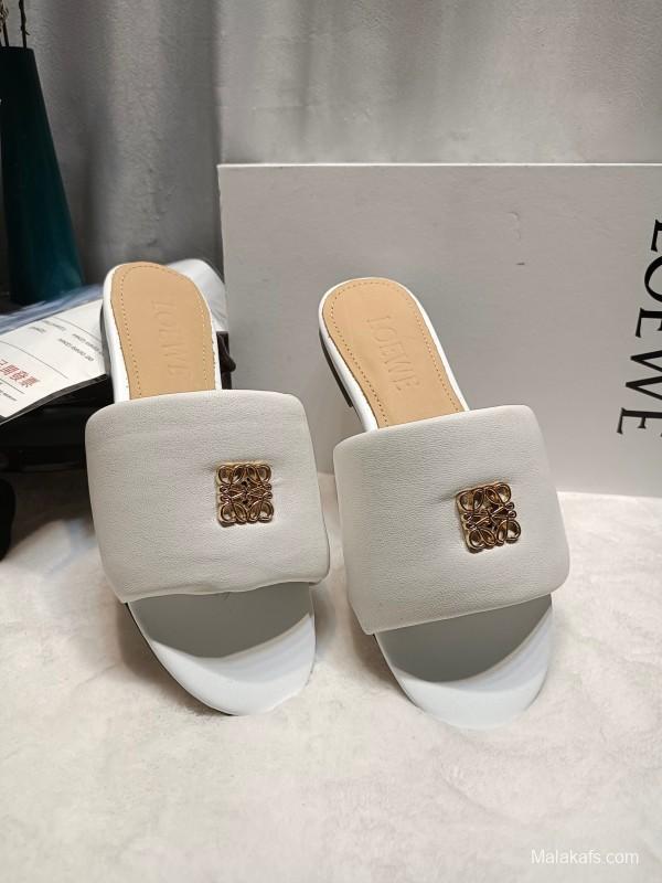 2025 Women Loewe White Leather Slippers LY00260