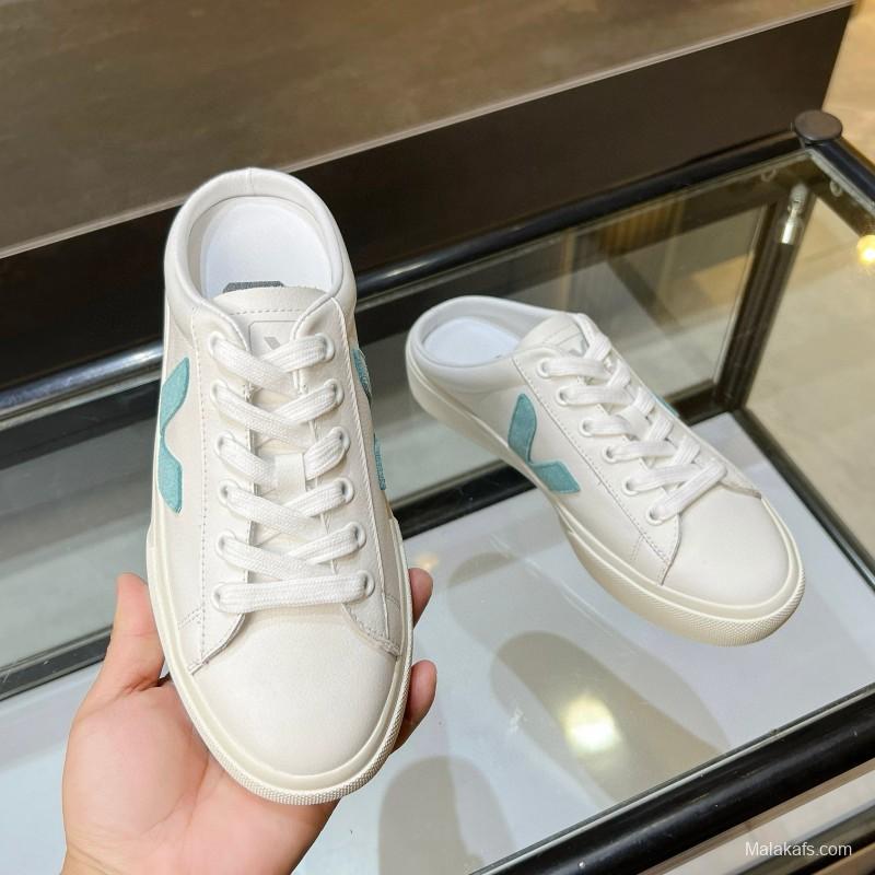 2025 VEJA White Blue Leather Canvas Slip-On Sneakers