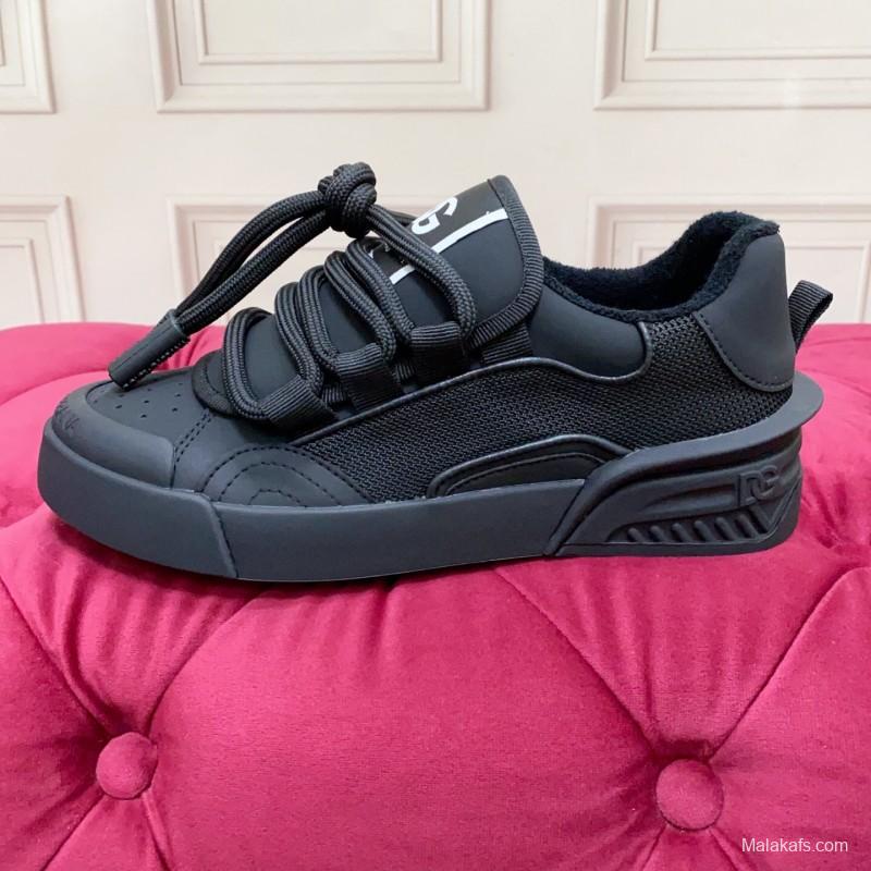 2025 Men Dolce & Gabbana Black Mesh Leather Sneakers