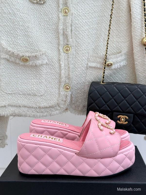 2025 Women Chanel Pink Leather Platform Slide Sandals