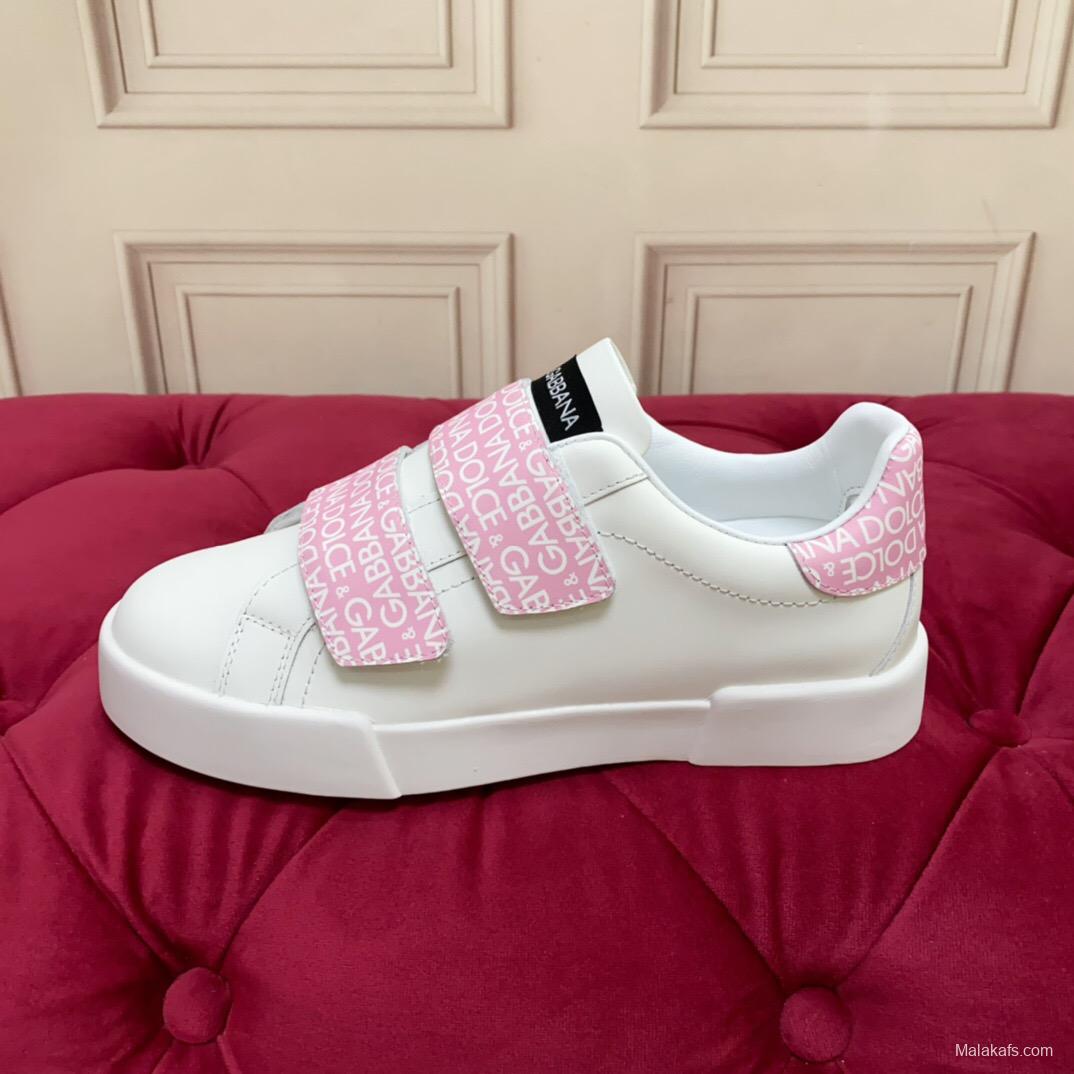 2025 Women Dolce & Gabbana White Pink Leather Sneakers LY00300