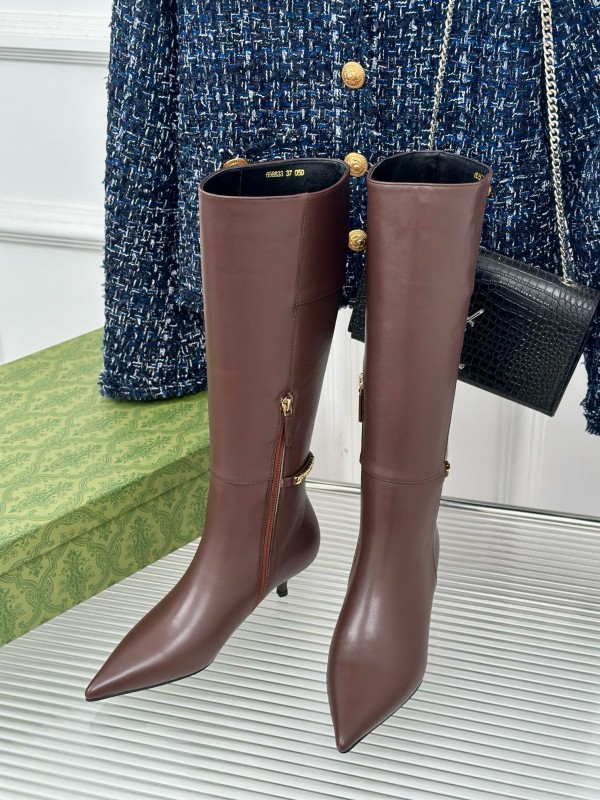 2024 Women Gucci brown calf leather boots chain MJ00550