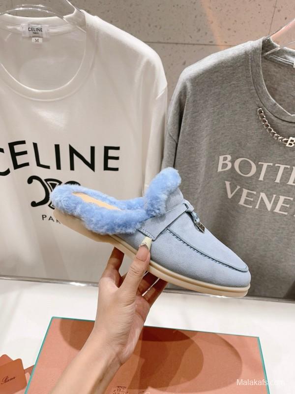 2024 LP Light Blue Suede Shearling Slippers