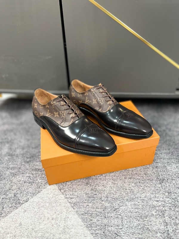 2024 Men Louis Vuitton Brown Black Leather Canvas Oxford MJ00380