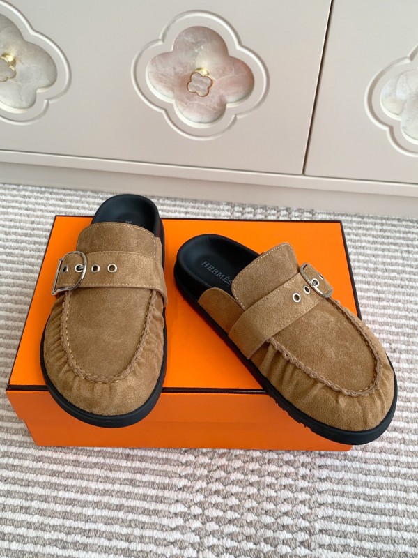 2025 Women Hermès Deep Brown Suede Mule Buckle KFY00290