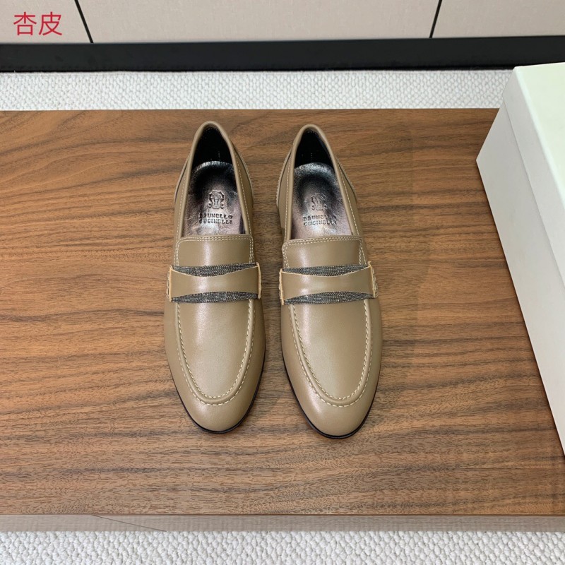 2025/Women Brunello Cucinelli Almond Leather Loafers Handmade Chain Detail LY00360(F)