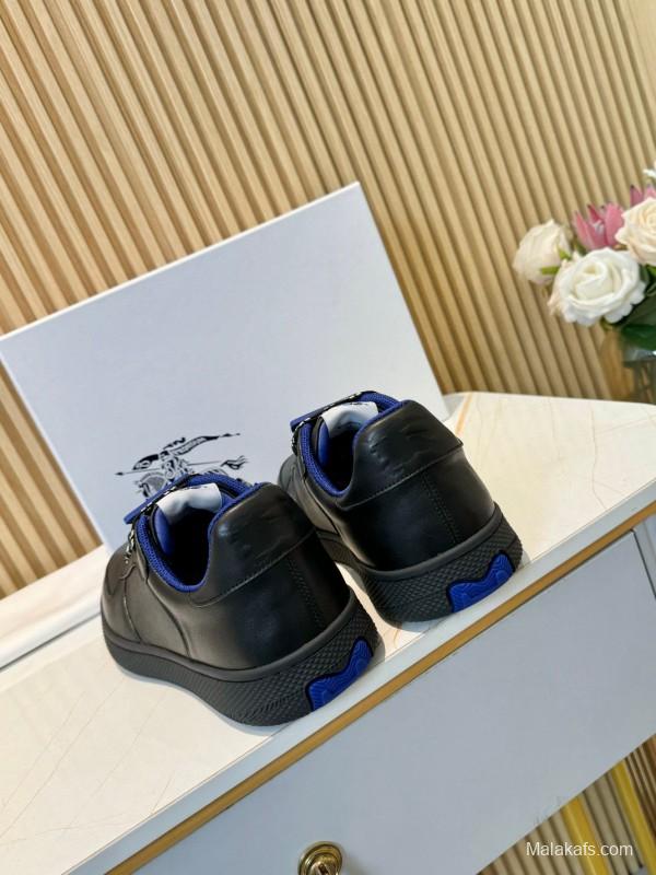 2024 Men BURBERRY Black Blue Calf Leather Sneakers MJ00330