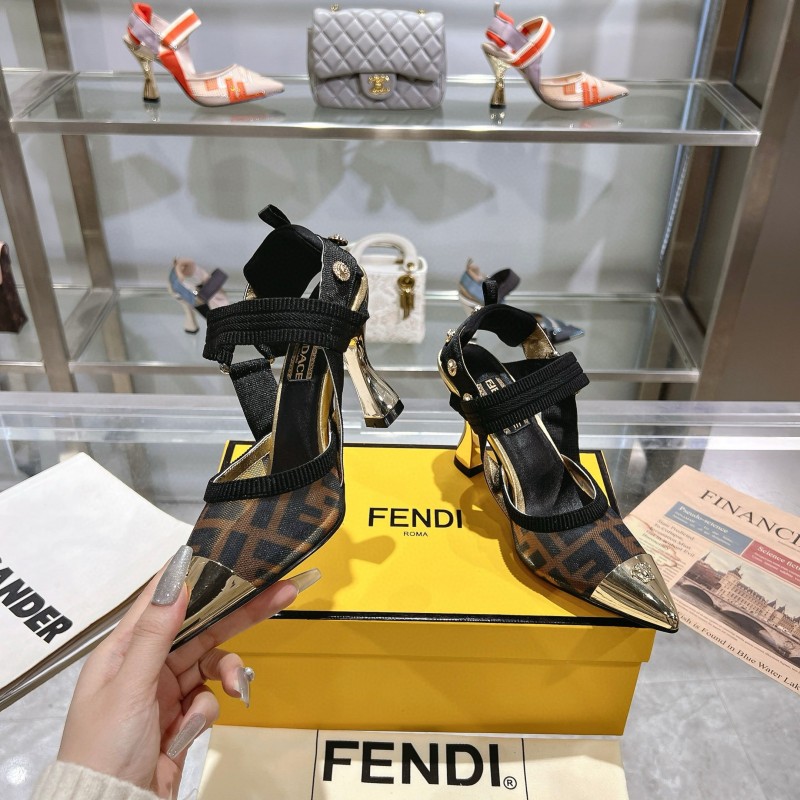2025 Women Fendi Brown Black Leather Mesh High Heels MJ00280