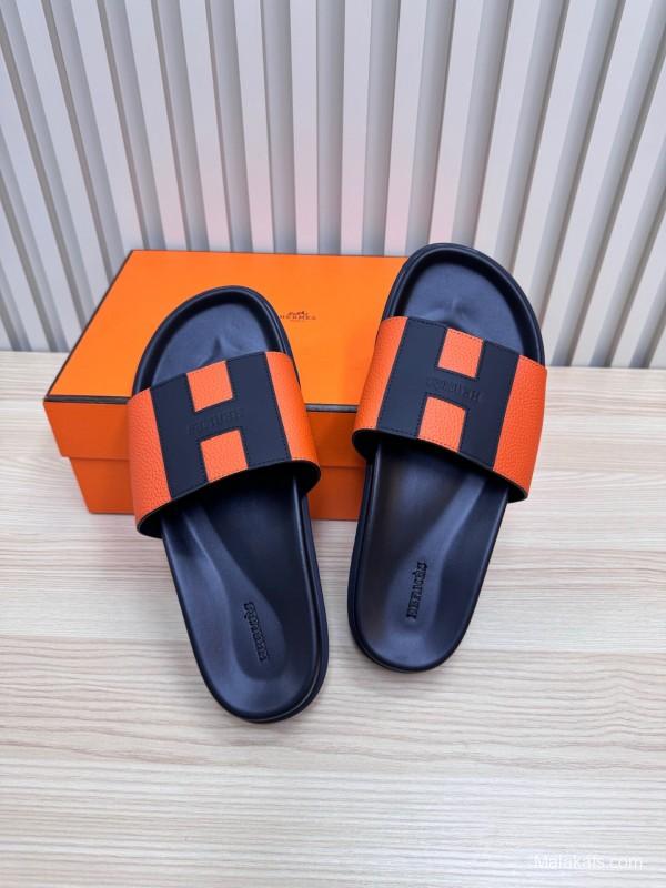 2025 Slippers Hermès Orange Black Leather Slippers
