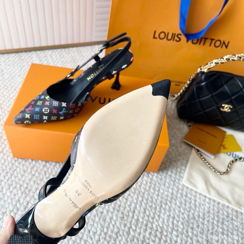 2025 Women Louis Vuitton Black Multicolor Canvas Leather Slingback Heels