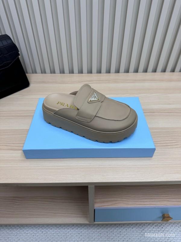 2025 Women Prada Beige Leather Slippers