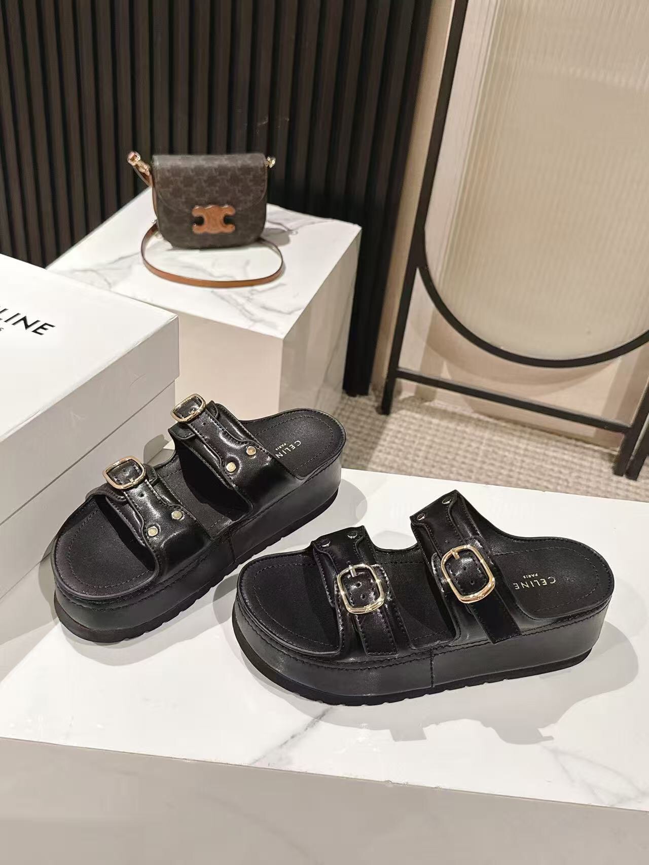 2025 Women Celine Black Leather Platform Slide Sandals LY00300