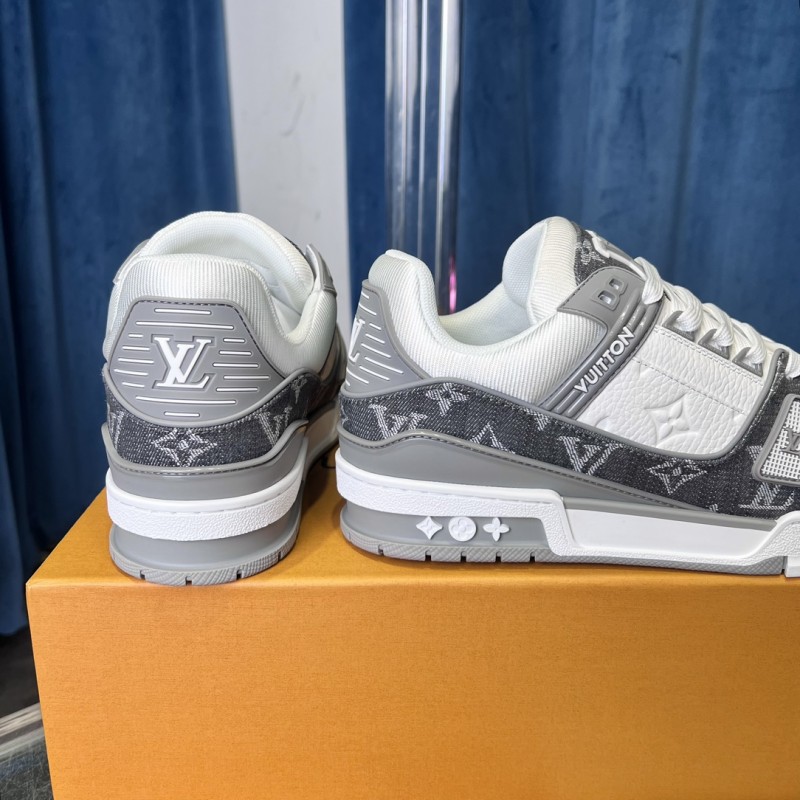 2025 Unisex Louis Vuitton Grey White Canvas Leather Sneakers