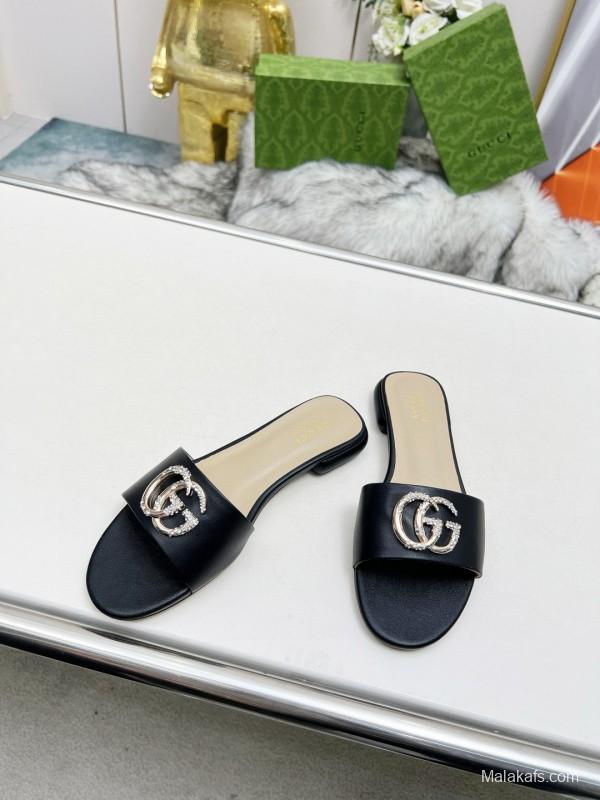 2025 Gucci Black Leather Slippers Double G Buckle MJ00190