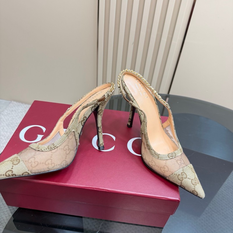 2025 Women Gucci Beige Mesh Fabric High Heel Pumps With Gold Chain Detailing KFY00300(F)