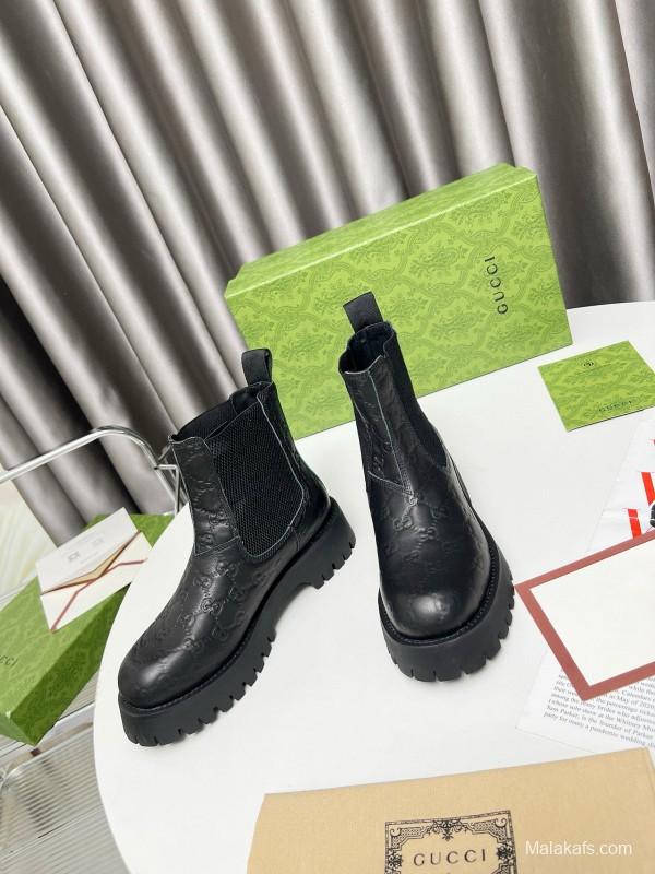 2024 Women Gucci Black Leather Ankle Boots MJ00340