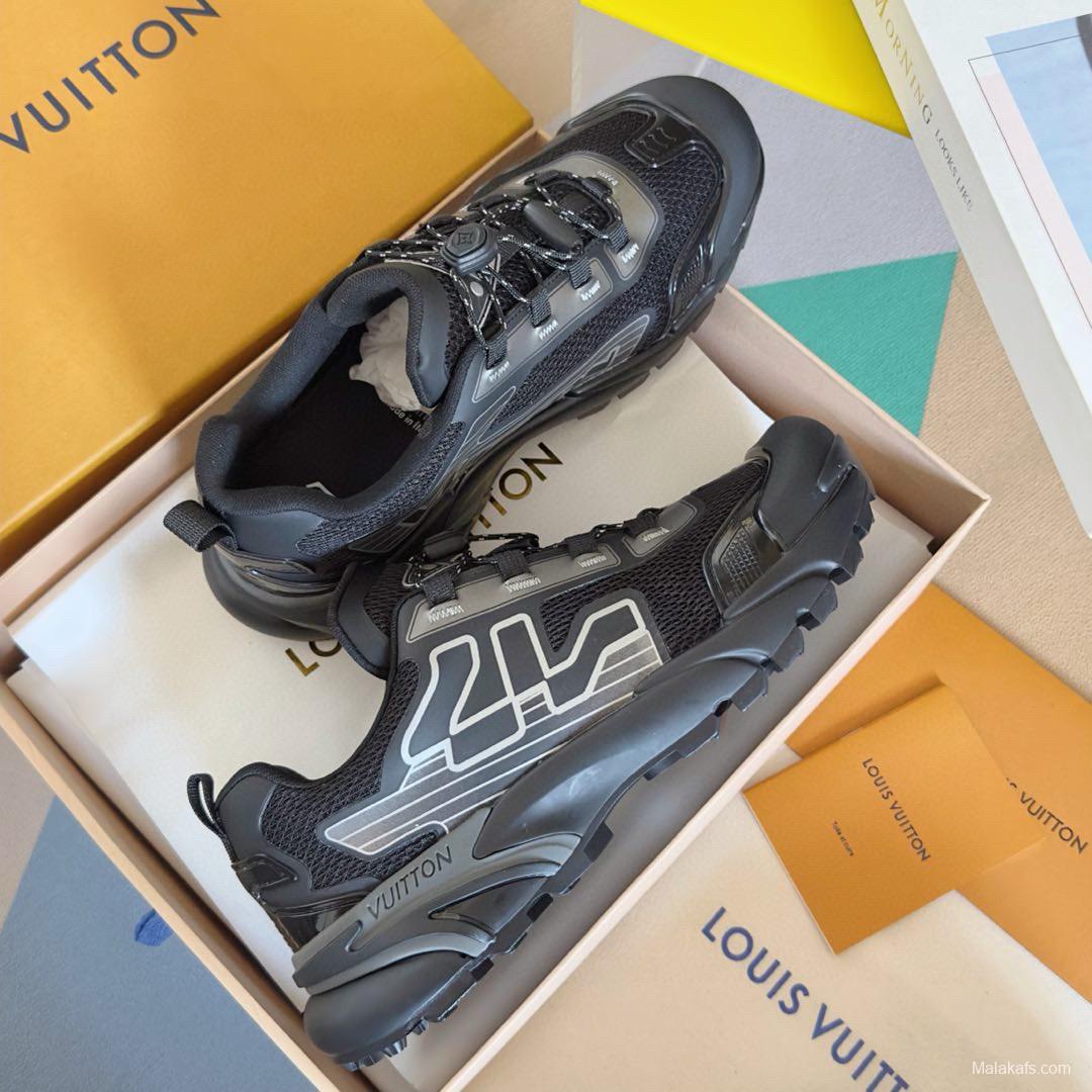 2025 Men Louis Vuitton Black Grey Mesh Fabric Sneakers MJ00390