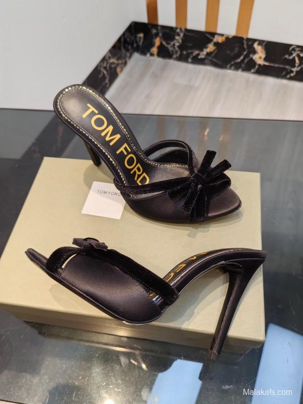 2025 Women TOM FORD Black Velvet High Heel Backless Sandals KFY00290