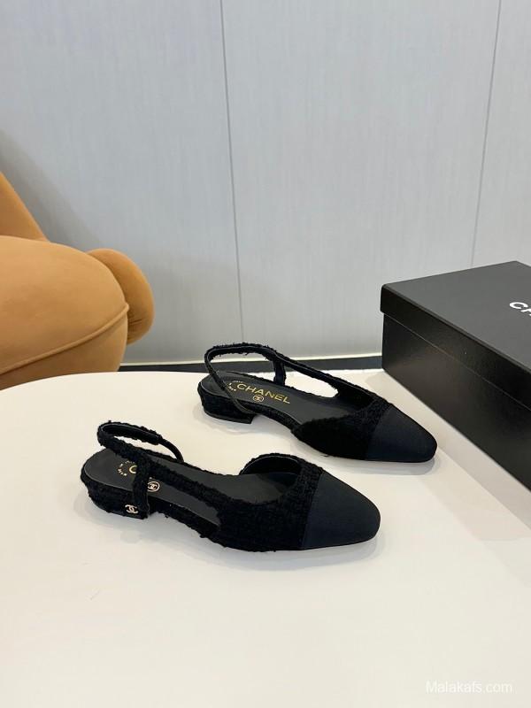 2025 Women Chanel Black Leather Bouclé Ballet Flats LY00240