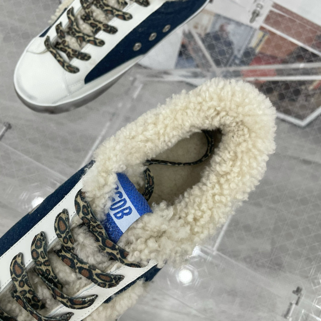 2025 Women GGDB White Navy Blue Leather Shearling Sneakers