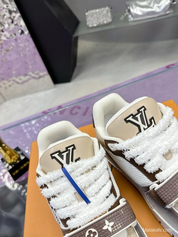 2024 Unisex Louis Vuitton White Brown Leather Mesh Plimsolls Waxed Vintage MJ00500