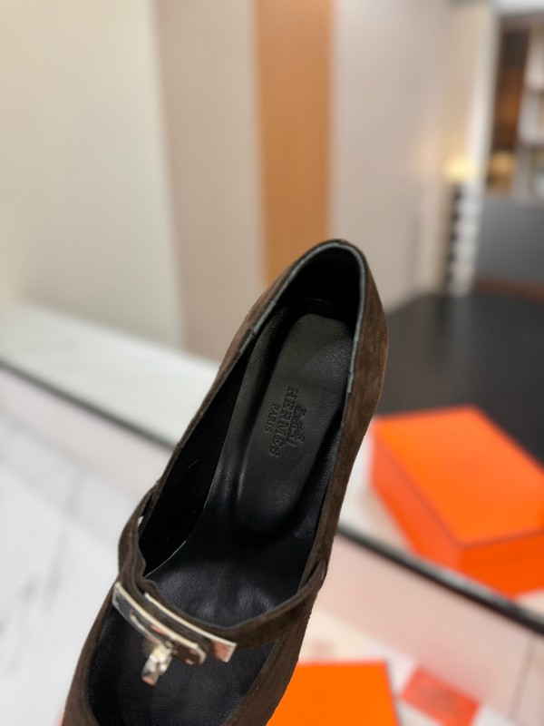 2025 Women Hermès Black Suede Mary Jane Shoes KFY00330